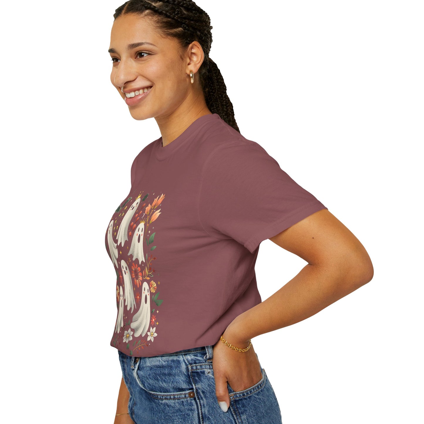 Whimsical Ghost T-Shirt | Halloween Apparel, Unisex Tee, Cute Ghost Design, Floral Graphic Tee, Casual Wear, Spooky Season