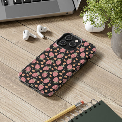 Cute Strawberry Pattern Tough Phone Cases, Floral Phone Cover, Protective Case, Gift for Her, Summer Vibes, Cute Accessories