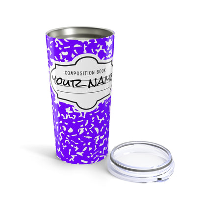 Personalized Composition Book Tumbler, Custom 20oz Travel Mug, Purple and White Insulated Cup, Ideal for Students, Teachers, Graduation Gift