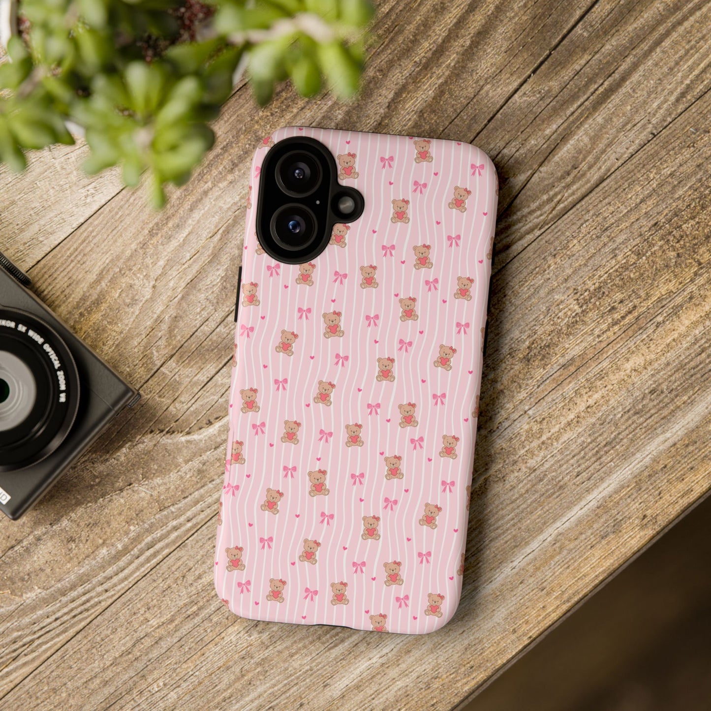 Cute Teddy Bear Pink Stripe Phone Case