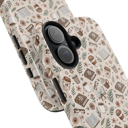 Cozy Books & Brews Tough Phone Cases - Literary Gift, Cute Coffee Pattern, Book Lover Accessory, Unique Phone Cover, Gift for Readers