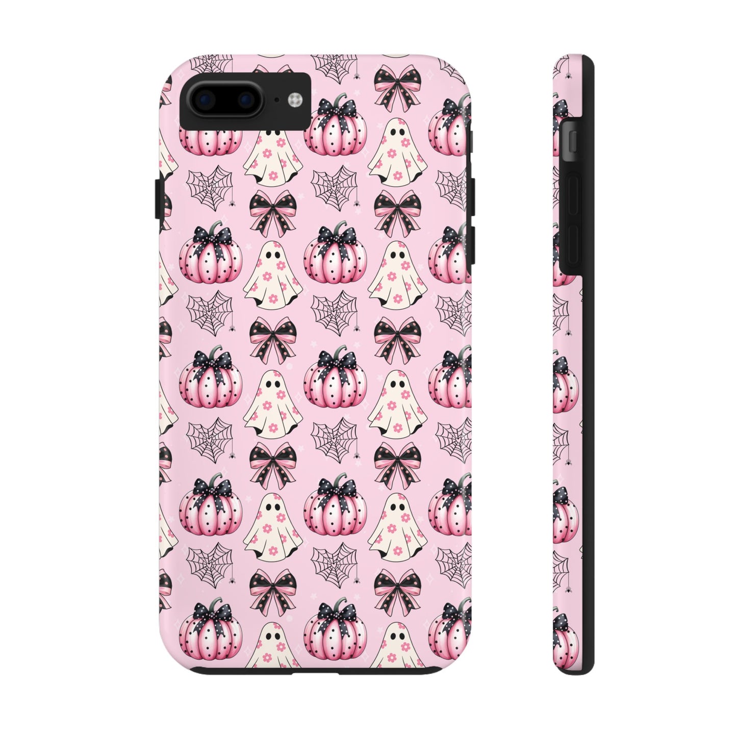 Phone case with Halloween-themed design on a pink background