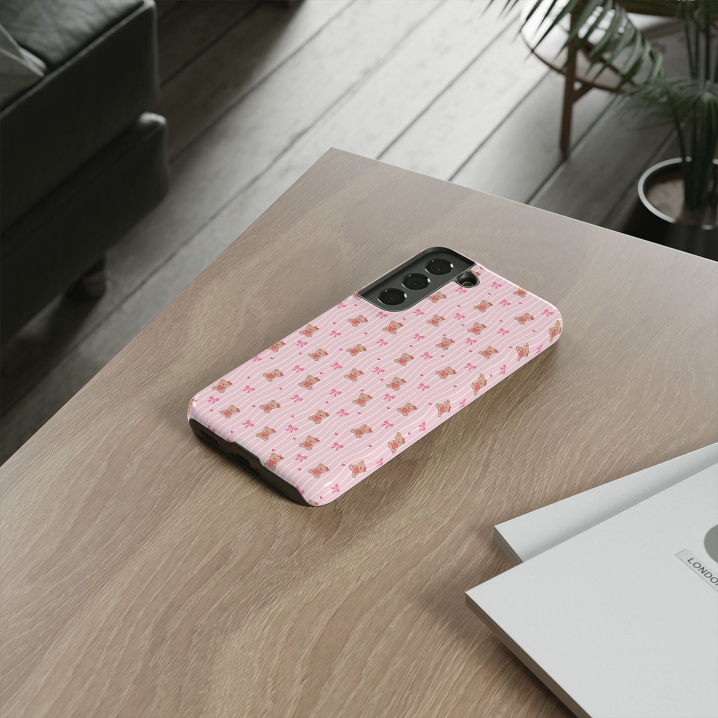 Cute Teddy Bear Pink Stripe Phone Case