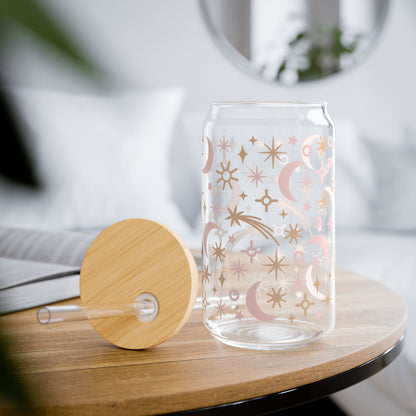 Celestial Sipper Glass, Starlit Water Bottle, Moon and Star Drinkware, Eco-Friendly Jar with Straw, Perfect for Gifts and Home Decor