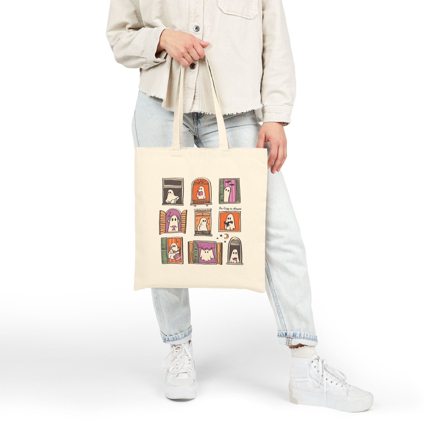 Whimsical Ghosts Cotton Canvas Tote Bag, Eco-Friendly Shopping Bag, Halloween Gift, Reusable Grocery Tote, Art Print Tote