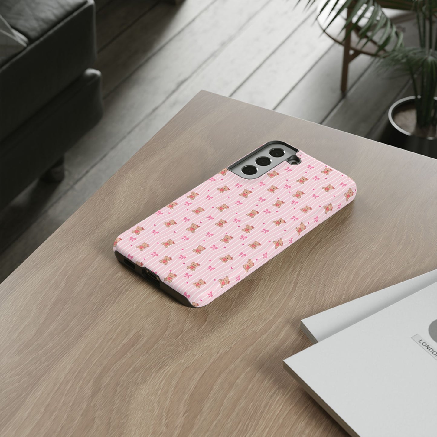 Cute Teddy Bear Pink Stripe Phone Case