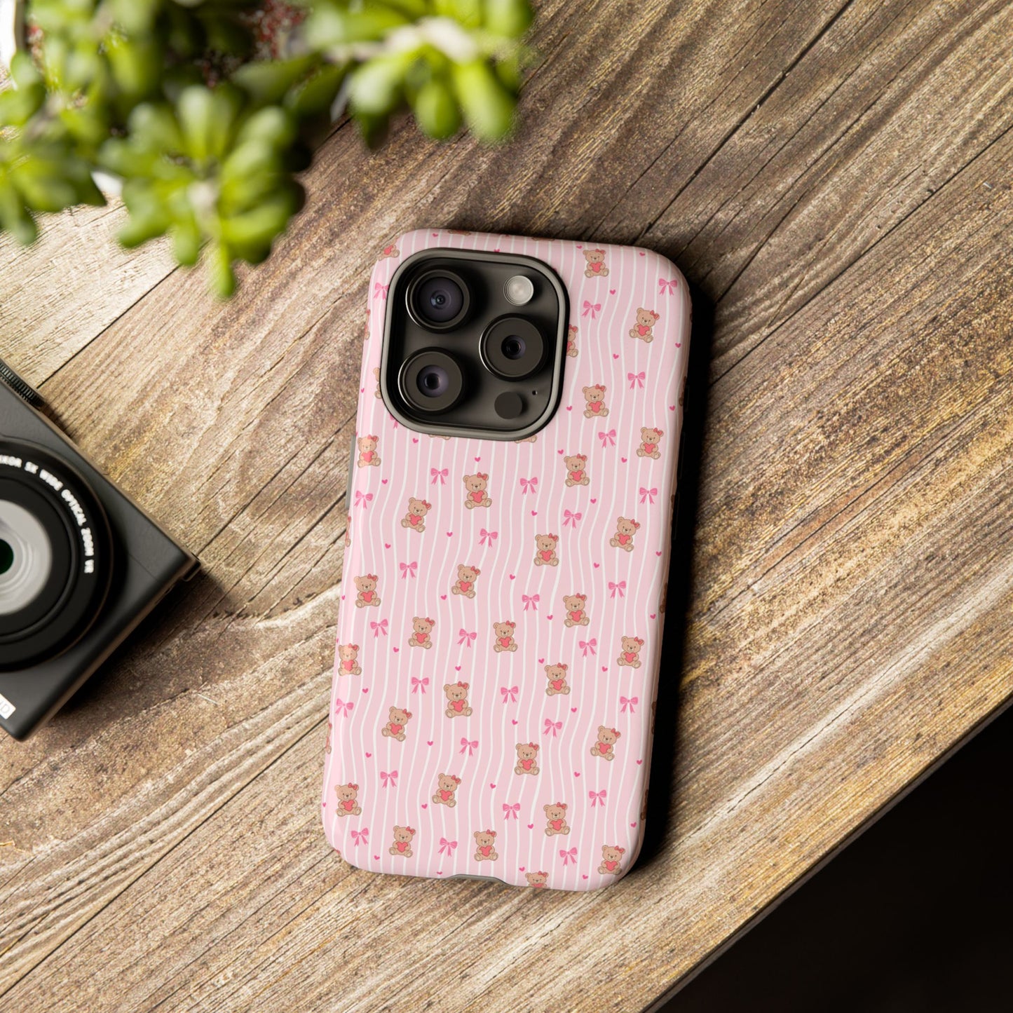 Cute Teddy Bear Pink Stripe Phone Case