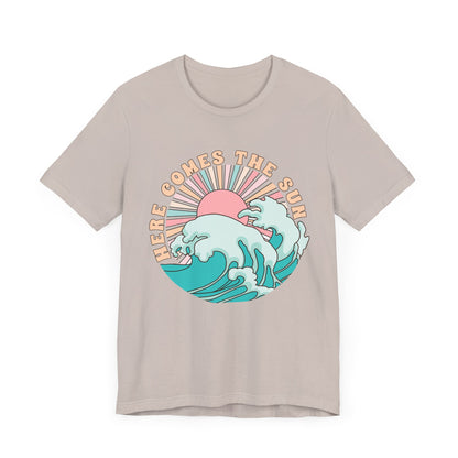 Unisex Beach Vibes Tee | Here Comes the Sun, Summer Shirt, Wave Art Tee, Gift for Ocean Lovers, Relaxed Summer Style