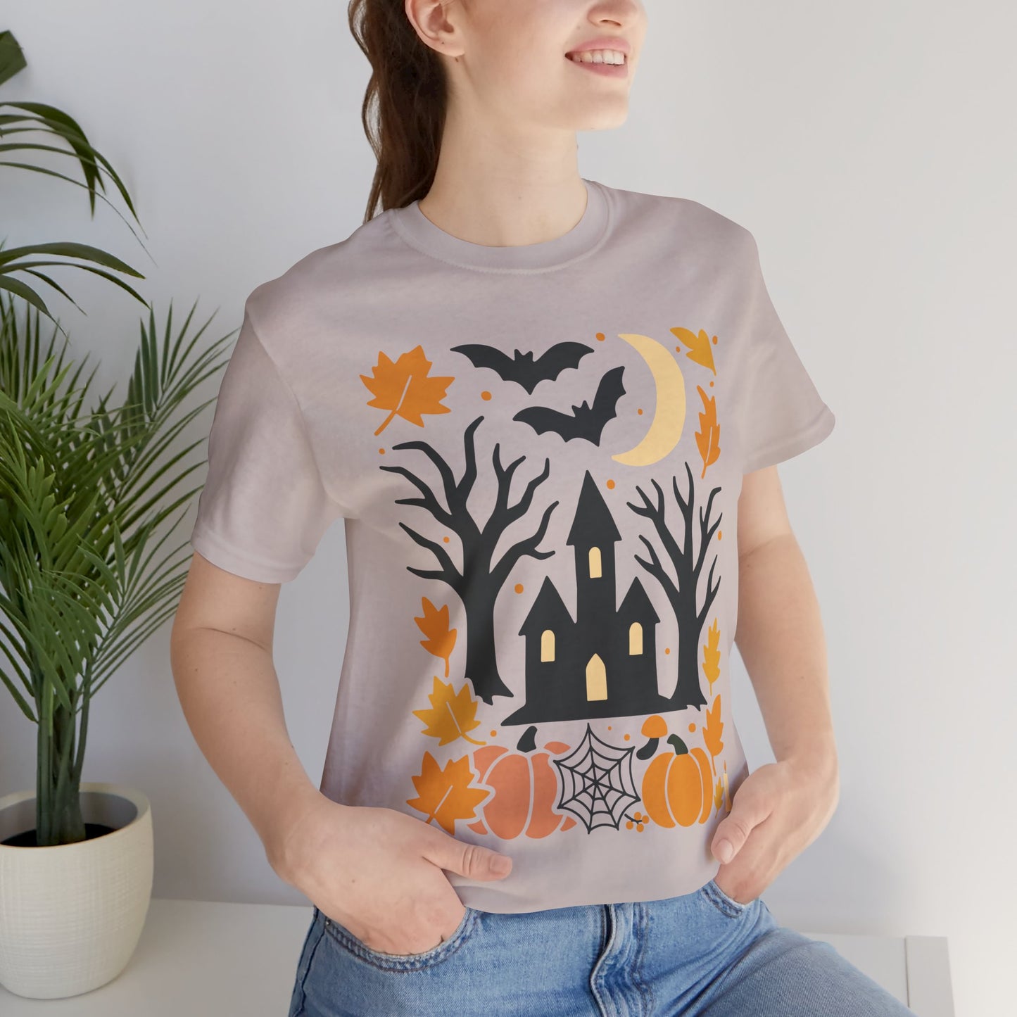 Halloween Haunted House Tee, Spooky Shirt, Fall Apparel, Unisex Halloween Top, Pumpkin & Bat Graphic Tee
