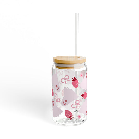 Strawberry Sipper Glass, 16oz Drinkware, Cute Party Favor, Eco-Friendly Gift, Summer Refreshment, Kitchen Decor