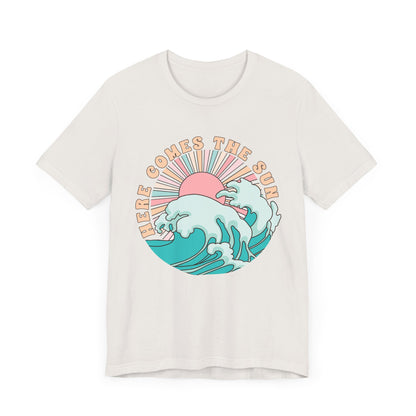 Unisex Beach Vibes Tee | Here Comes the Sun, Summer Shirt, Wave Art Tee, Gift for Ocean Lovers, Relaxed Summer Style