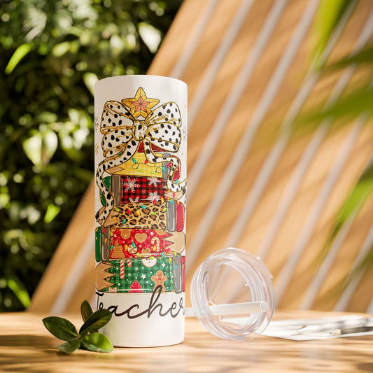 Teacher Skinny Tumbler, Shimmer 20oz Cup with Straw, Gift for Teacher, Personalized Custom Insulated Travel Mug, Appreciation Present, End