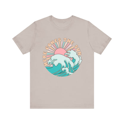 Unisex Beach Vibes Tee | Here Comes the Sun, Summer Shirt, Wave Art Tee, Gift for Ocean Lovers, Relaxed Summer Style