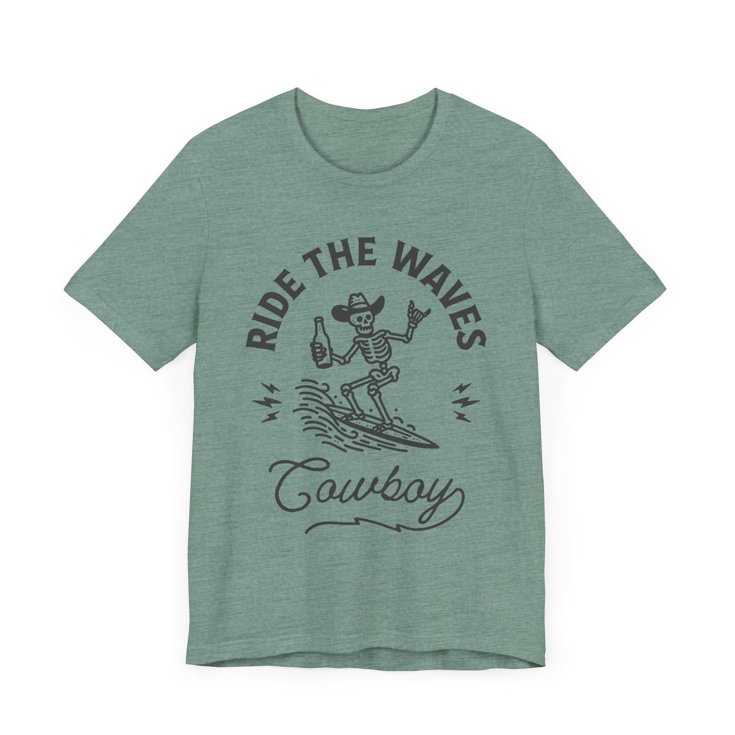 Surfing Skeleton Tee - Ride the Waves Cowboy Shirt, Beachwear, Summer Vibes, Gift for Surfers, Casual T-Shirt