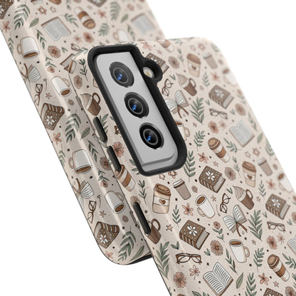 Cozy Books & Brews Tough Phone Cases - Literary Gift, Cute Coffee Pattern, Book Lover Accessory, Unique Phone Cover, Gift for Readers