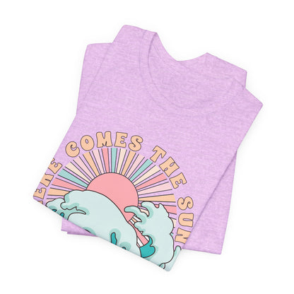Unisex Beach Vibes Tee | Here Comes the Sun, Summer Shirt, Wave Art Tee, Gift for Ocean Lovers, Relaxed Summer Style