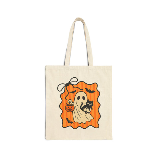 Spooky Ghost Cotton Canvas Tote Bag, Halloween Tote, Trick or Treat Bag, Eco-Friendly Shopping Bag, Cute Halloween Gift