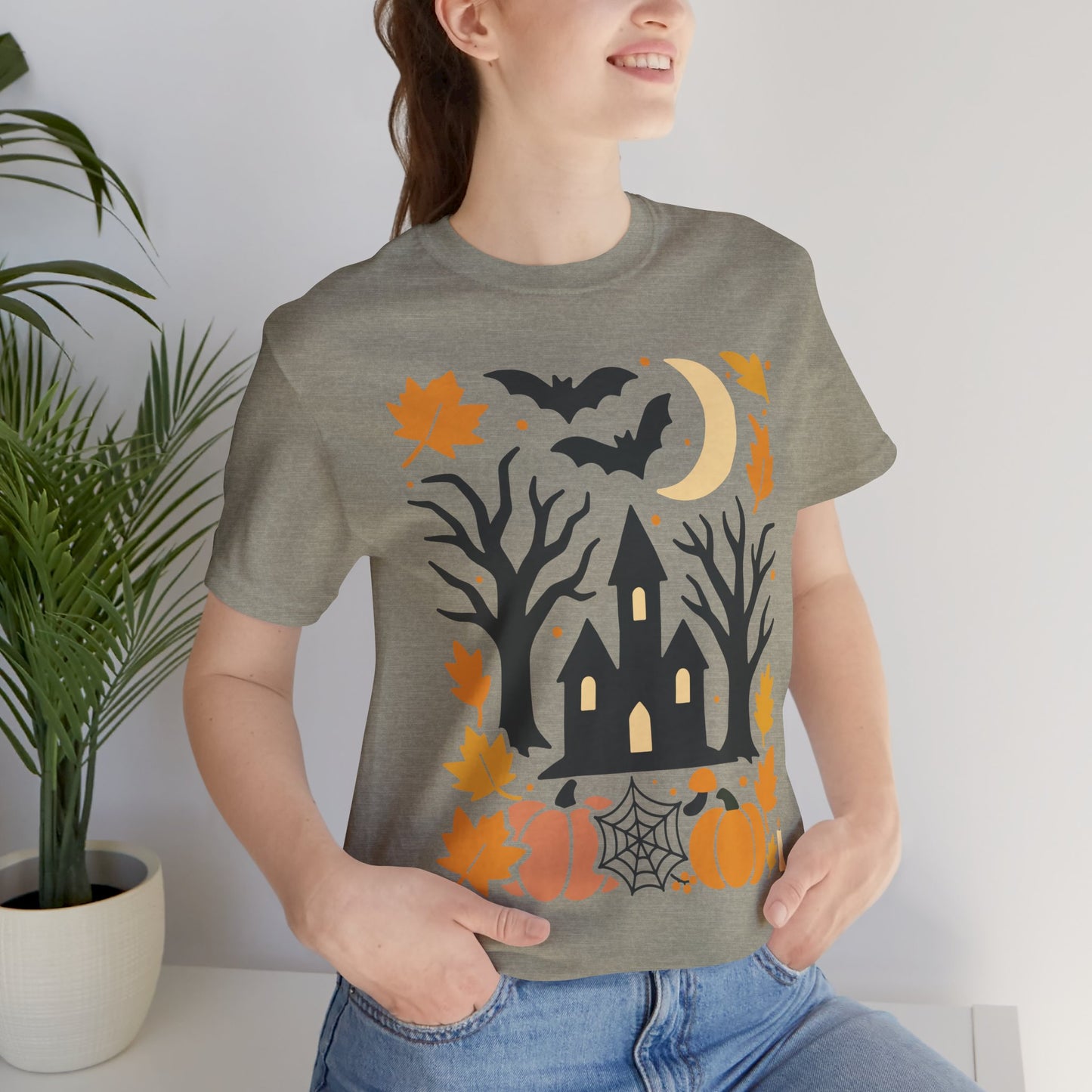 Halloween Haunted House Tee, Spooky Shirt, Fall Apparel, Unisex Halloween Top, Pumpkin & Bat Graphic Tee