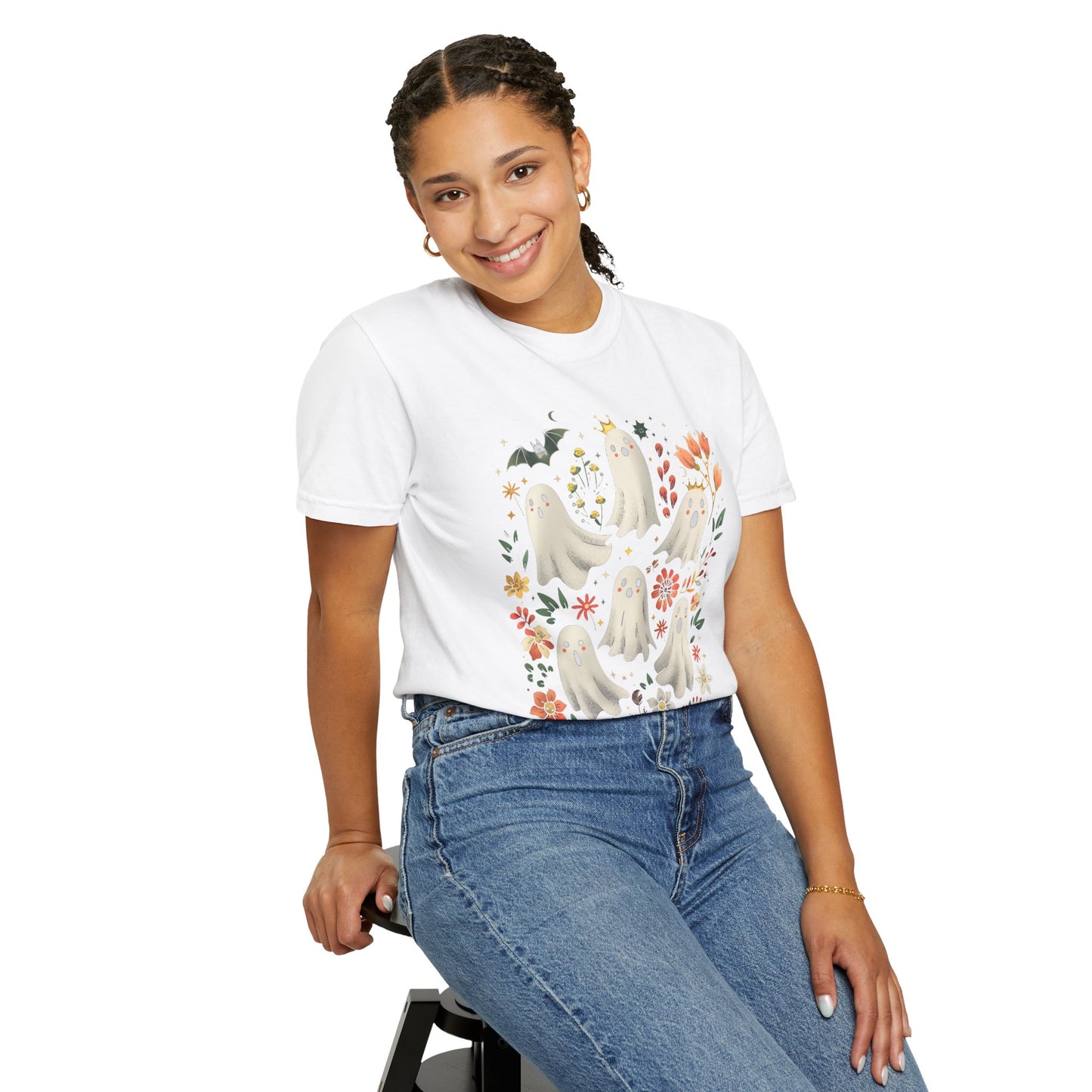 Whimsical Ghost T-Shirt | Halloween Apparel, Unisex Tee, Cute Ghost Design, Floral Graphic Tee, Casual Wear, Spooky Season