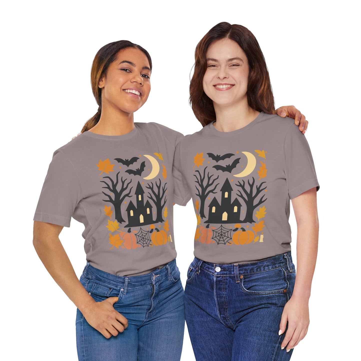 Halloween Haunted House Tee, Spooky Shirt, Fall Apparel, Unisex Halloween Top, Pumpkin & Bat Graphic Tee