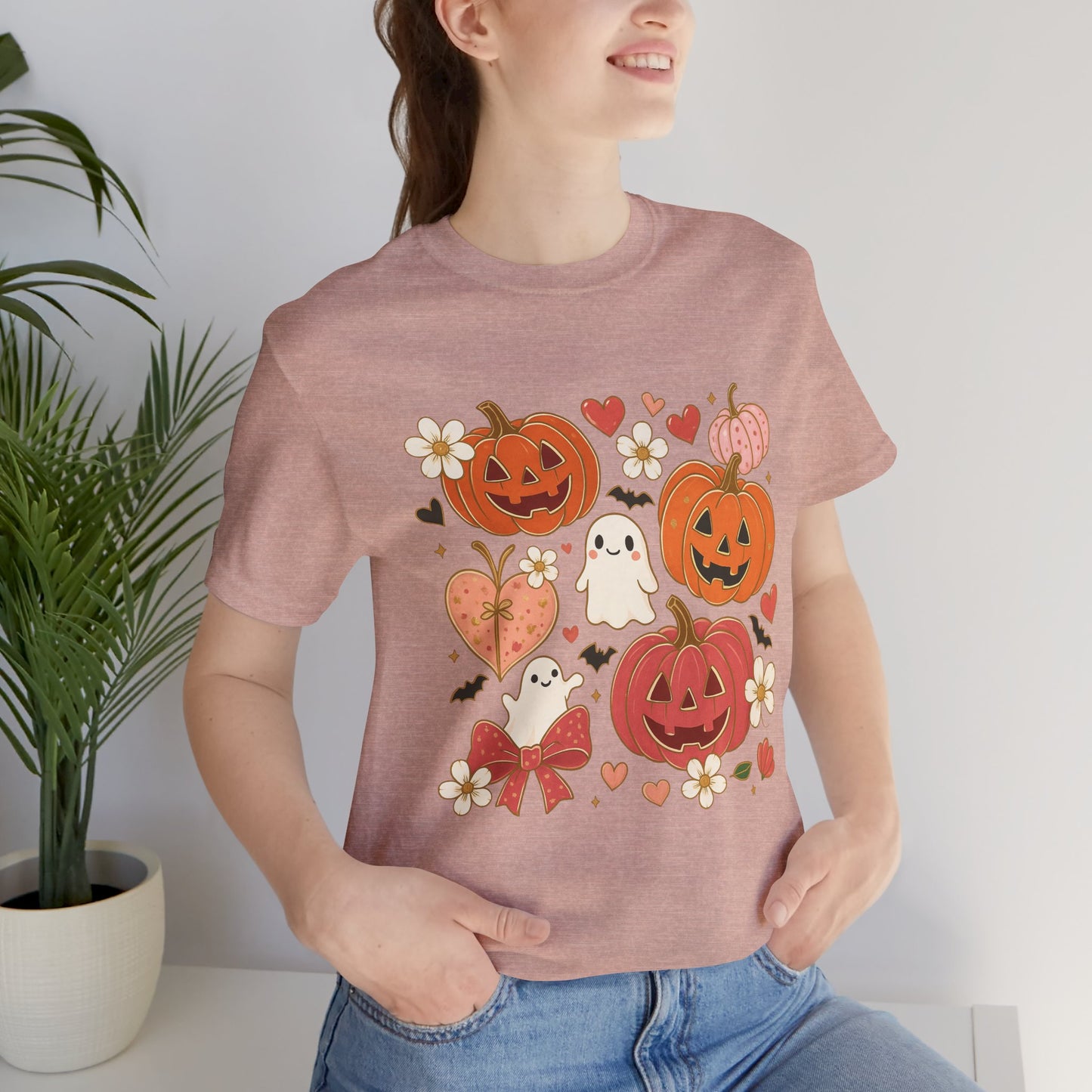 Halloween Ghost & Pumpkin Tee, Perfect for Fall, Halloween Parties, Cozy Autumn Wear, Unisex T-Shirt, Seasonal Gift Idea