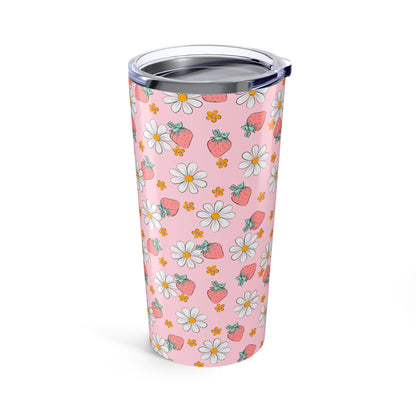 Floral Pattern Tumbler - 20oz Insulated Travel Mug, Pink Strawberry Design, Perfect for Summer Picnics, Gifts for Her, Reusable Drinkware