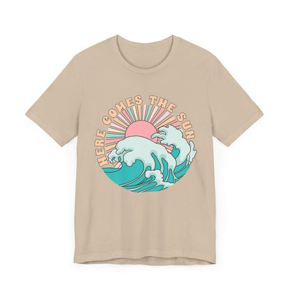 Unisex Beach Vibes Tee | Here Comes the Sun, Summer Shirt, Wave Art Tee, Gift for Ocean Lovers, Relaxed Summer Style