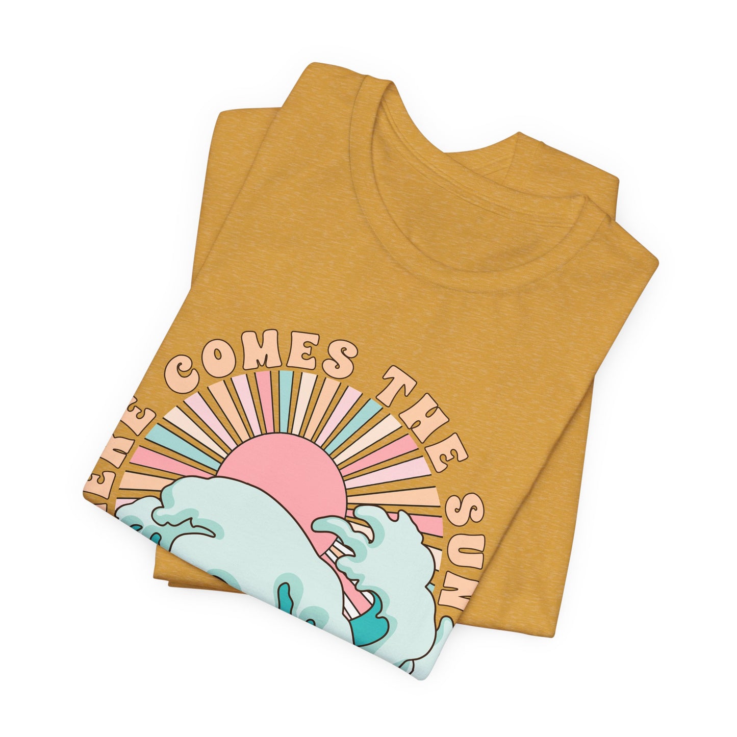 Unisex Beach Vibes Tee | Here Comes the Sun, Summer Shirt, Wave Art Tee, Gift for Ocean Lovers, Relaxed Summer Style