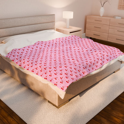 Pink Cherry Pattern Velveteen Plush Blanket — Soft Cozy Throw for Kids & Gifts