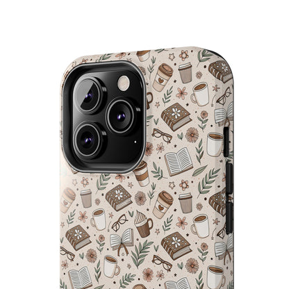 Cozy Books & Brews Tough Phone Cases - Literary Gift, Cute Coffee Pattern, Book Lover Accessory, Unique Phone Cover, Gift for Readers