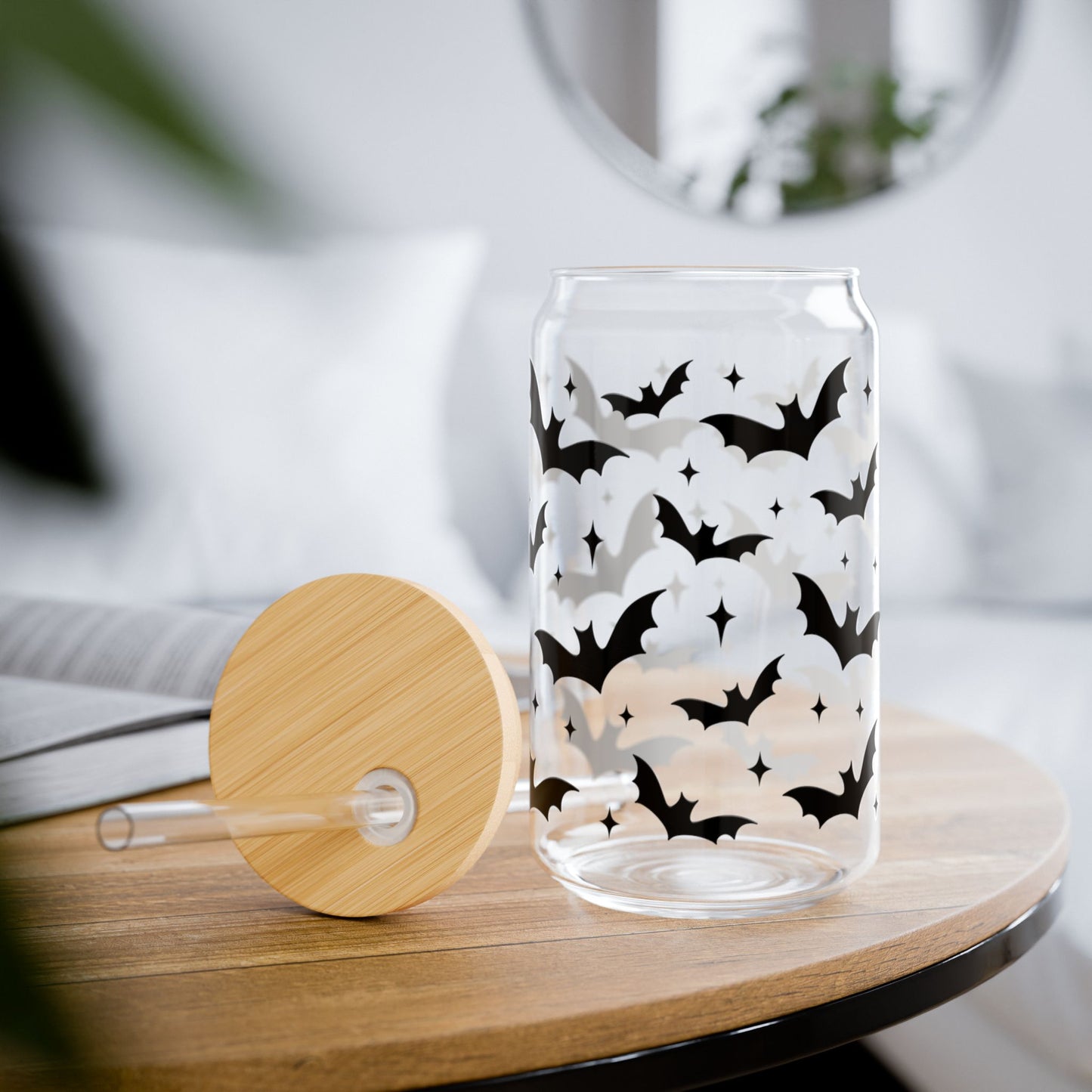 Halloween Bat Sipper Glass | 16oz Drinkware, Unique Glass Mug, Spooky Decor, Party Favor, Water Bottle