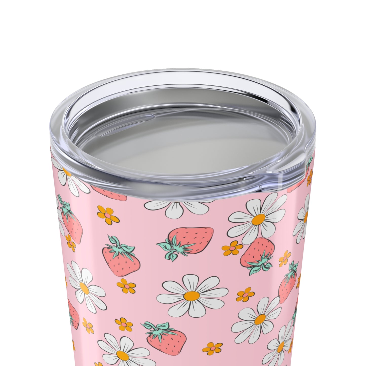 Floral Pattern Tumbler - 20oz Insulated Travel Mug, Pink Strawberry Design, Perfect for Summer Picnics, Gifts for Her, Reusable Drinkware