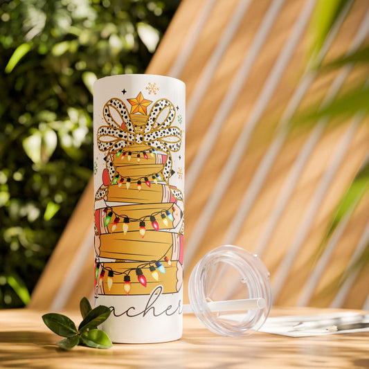 Teacher Skinny Tumbler, Shimmer 20oz Cup with Straw, Gift for Teacher, Personalized Custom Insulated Travel Mug, Appreciation Present, End