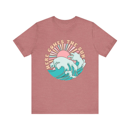 Unisex Beach Vibes Tee | Here Comes the Sun, Summer Shirt, Wave Art Tee, Gift for Ocean Lovers, Relaxed Summer Style