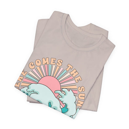 Unisex Beach Vibes Tee | Here Comes the Sun, Summer Shirt, Wave Art Tee, Gift for Ocean Lovers, Relaxed Summer Style