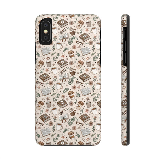 Cozy Books & Brews Tough Phone Cases - Literary Gift, Cute Coffee Pattern, Book Lover Accessory, Unique Phone Cover, Gift for Readers