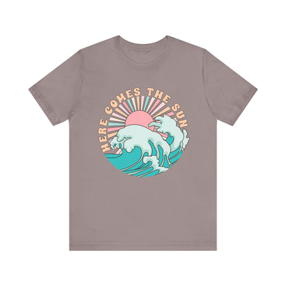 Unisex Beach Vibes Tee | Here Comes the Sun, Summer Shirt, Wave Art Tee, Gift for Ocean Lovers, Relaxed Summer Style