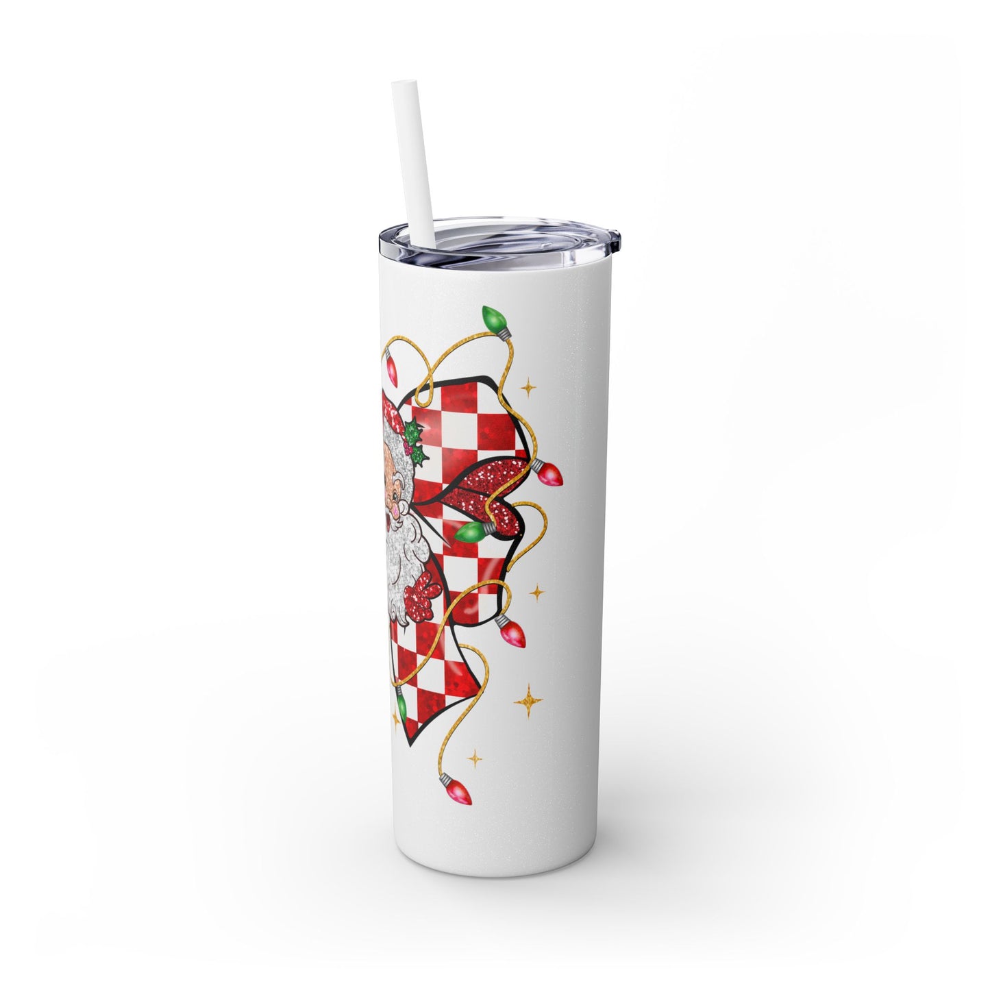 Santa & Checkered Bow Skinny Tumbler, 20 oz - Christmas Holiday Cup, Xmas Drinkware Gift, Festive Travel Mug, Winter Seasonal Beverage