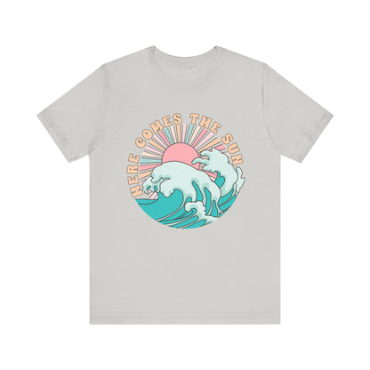 Unisex Beach Vibes Tee | Here Comes the Sun, Summer Shirt, Wave Art Tee, Gift for Ocean Lovers, Relaxed Summer Style