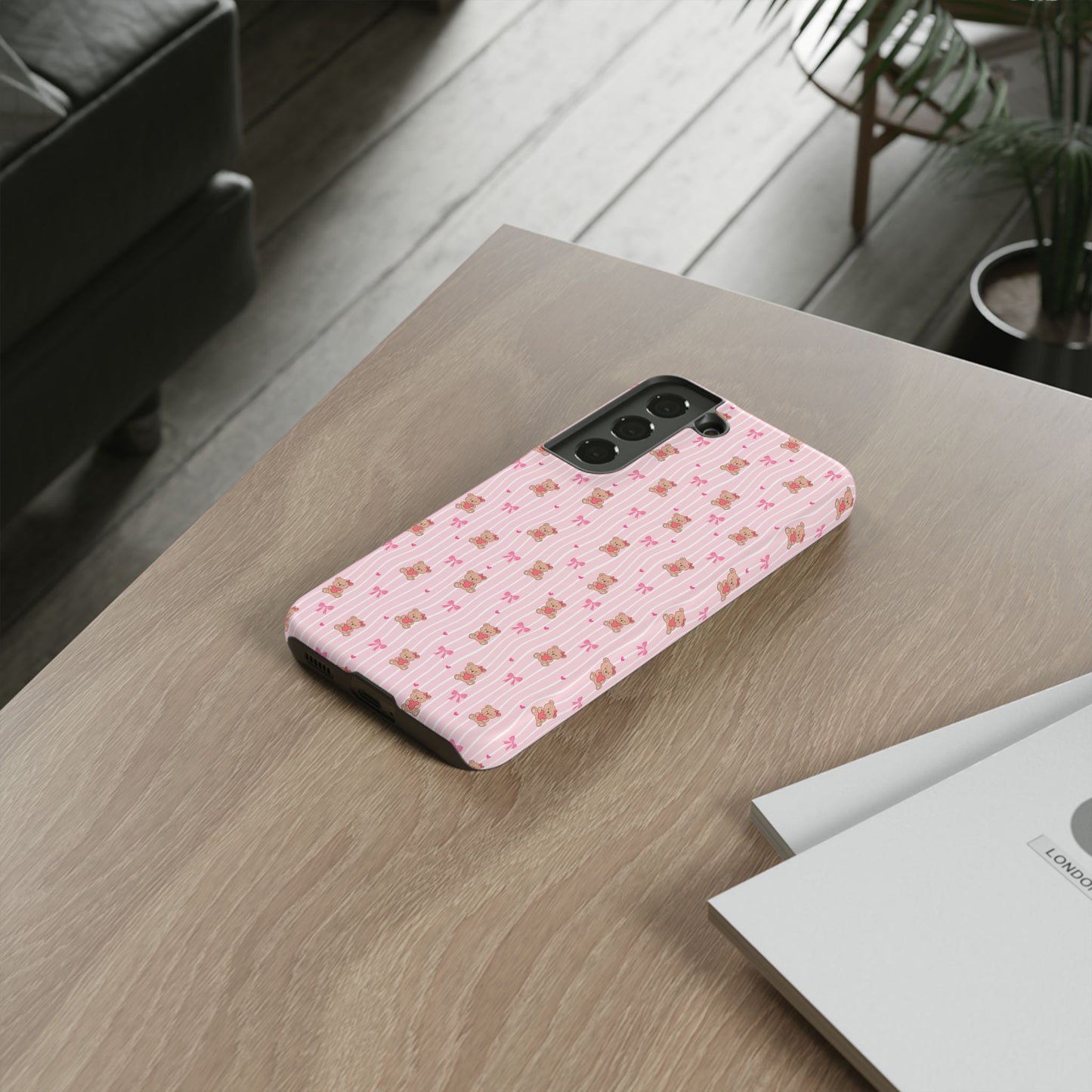Cute Teddy Bear Pink Stripe Phone Case