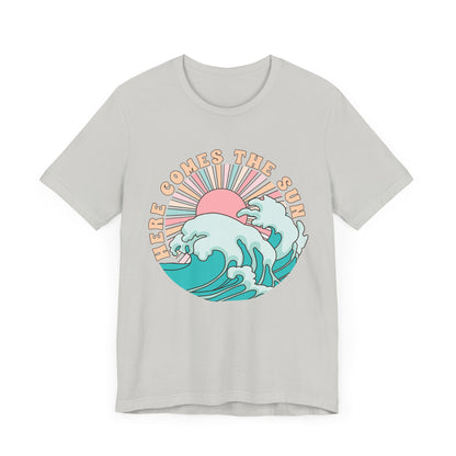 Unisex Beach Vibes Tee | Here Comes the Sun, Summer Shirt, Wave Art Tee, Gift for Ocean Lovers, Relaxed Summer Style