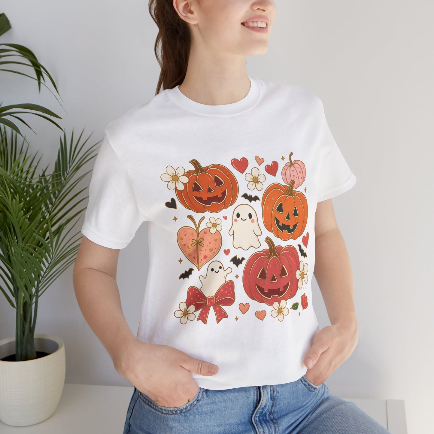 Halloween Ghost & Pumpkin Tee, Perfect for Fall, Halloween Parties, Cozy Autumn Wear, Unisex T-Shirt, Seasonal Gift Idea