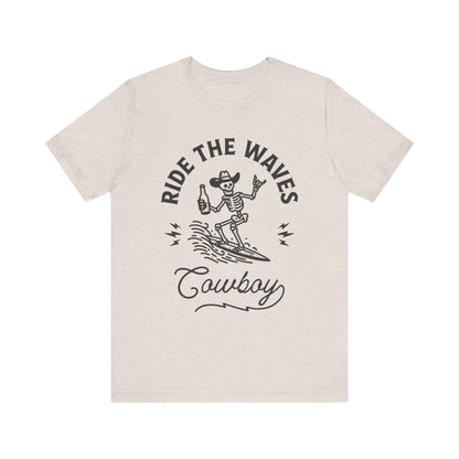 Surfing Skeleton Tee - Ride the Waves Cowboy Shirt, Beachwear, Summer Vibes, Gift for Surfers, Casual T-Shirt