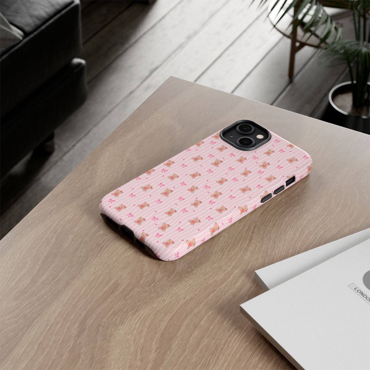 Cute Teddy Bear Pink Stripe Phone Case