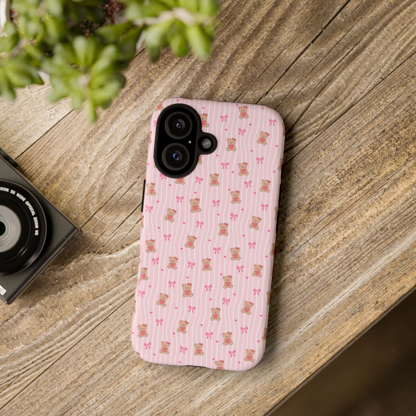 Cute Teddy Bear Pink Stripe Phone Case