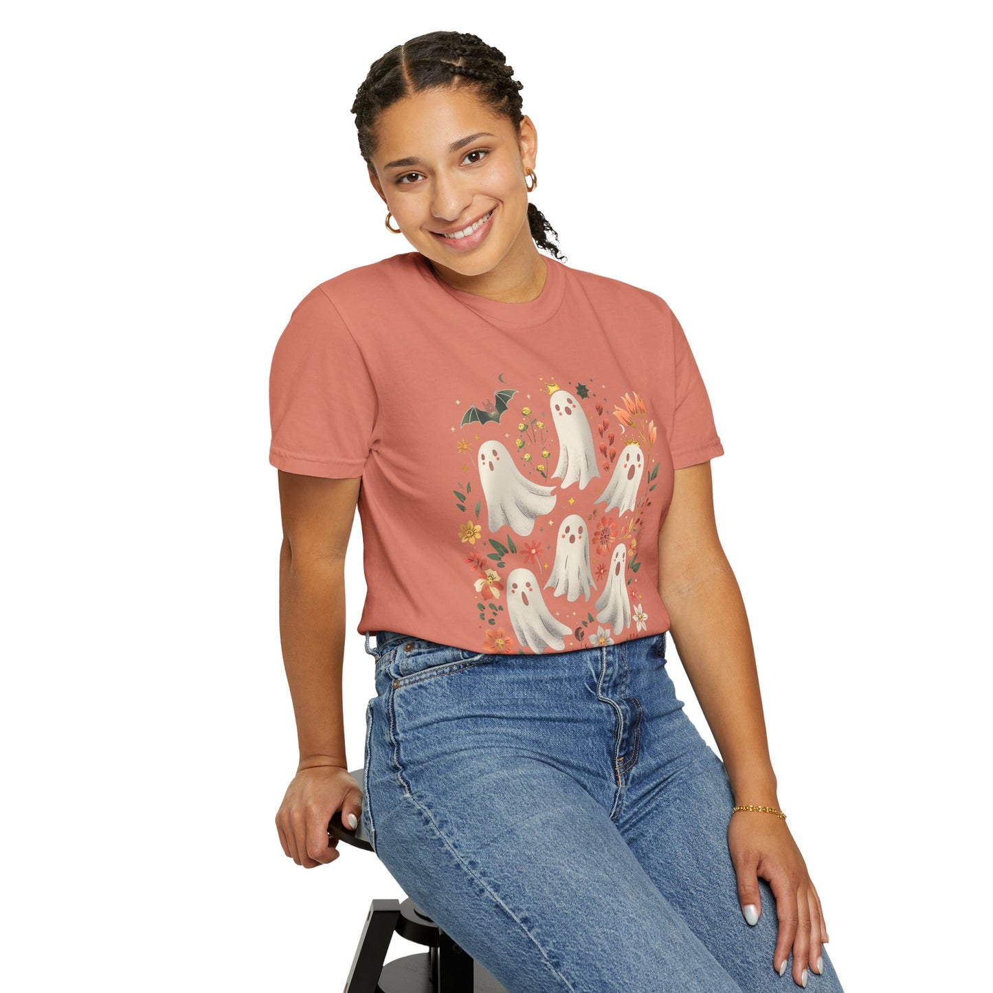 Whimsical Ghost T-Shirt | Halloween Apparel, Unisex Tee, Cute Ghost Design, Floral Graphic Tee, Casual Wear, Spooky Season
