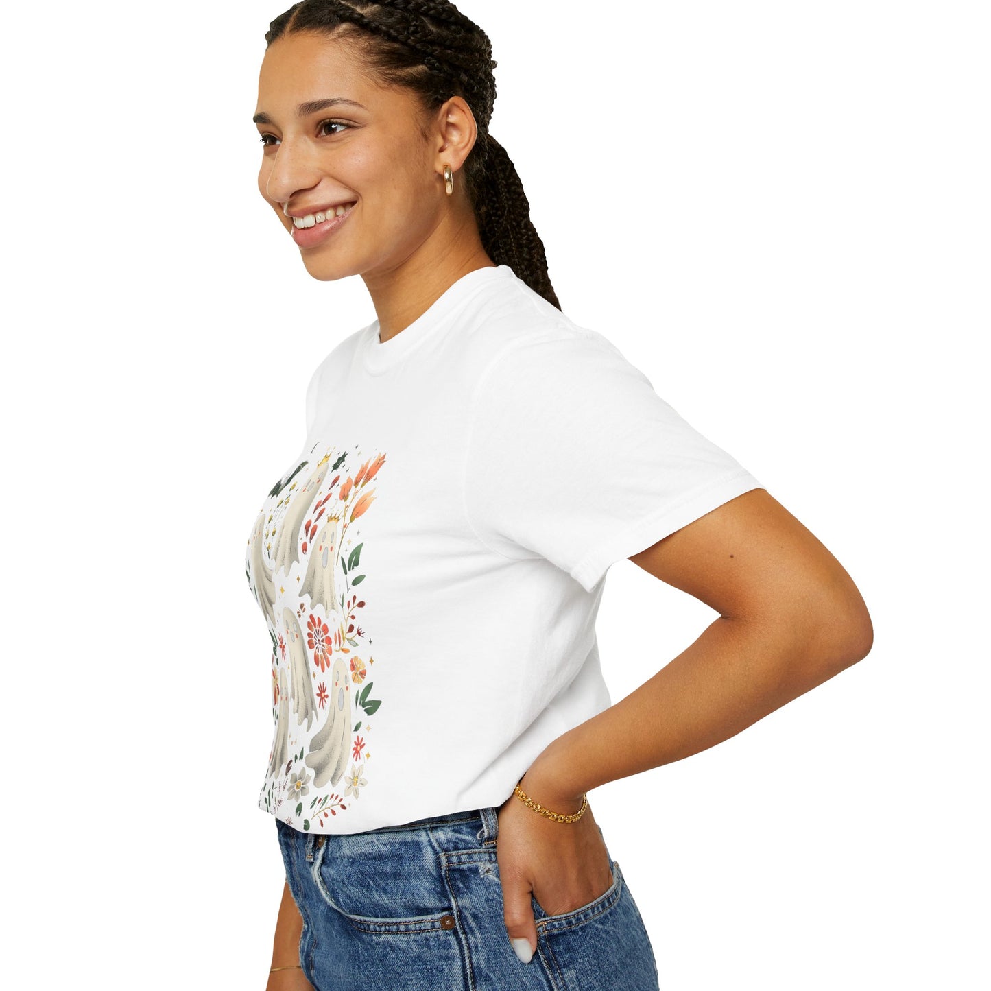 Whimsical Ghost T-Shirt | Halloween Apparel, Unisex Tee, Cute Ghost Design, Floral Graphic Tee, Casual Wear, Spooky Season