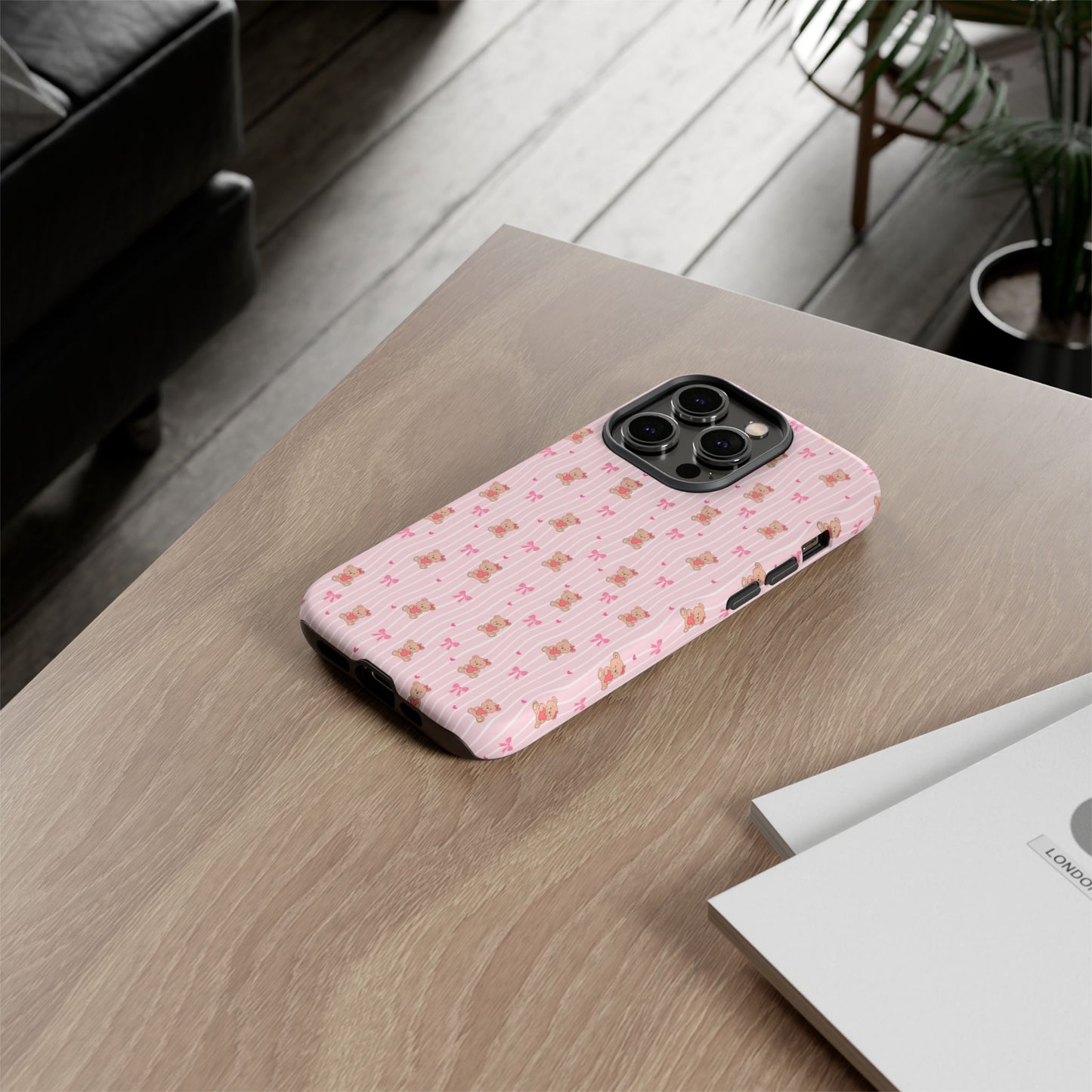 Cute Teddy Bear Pink Stripe Phone Case