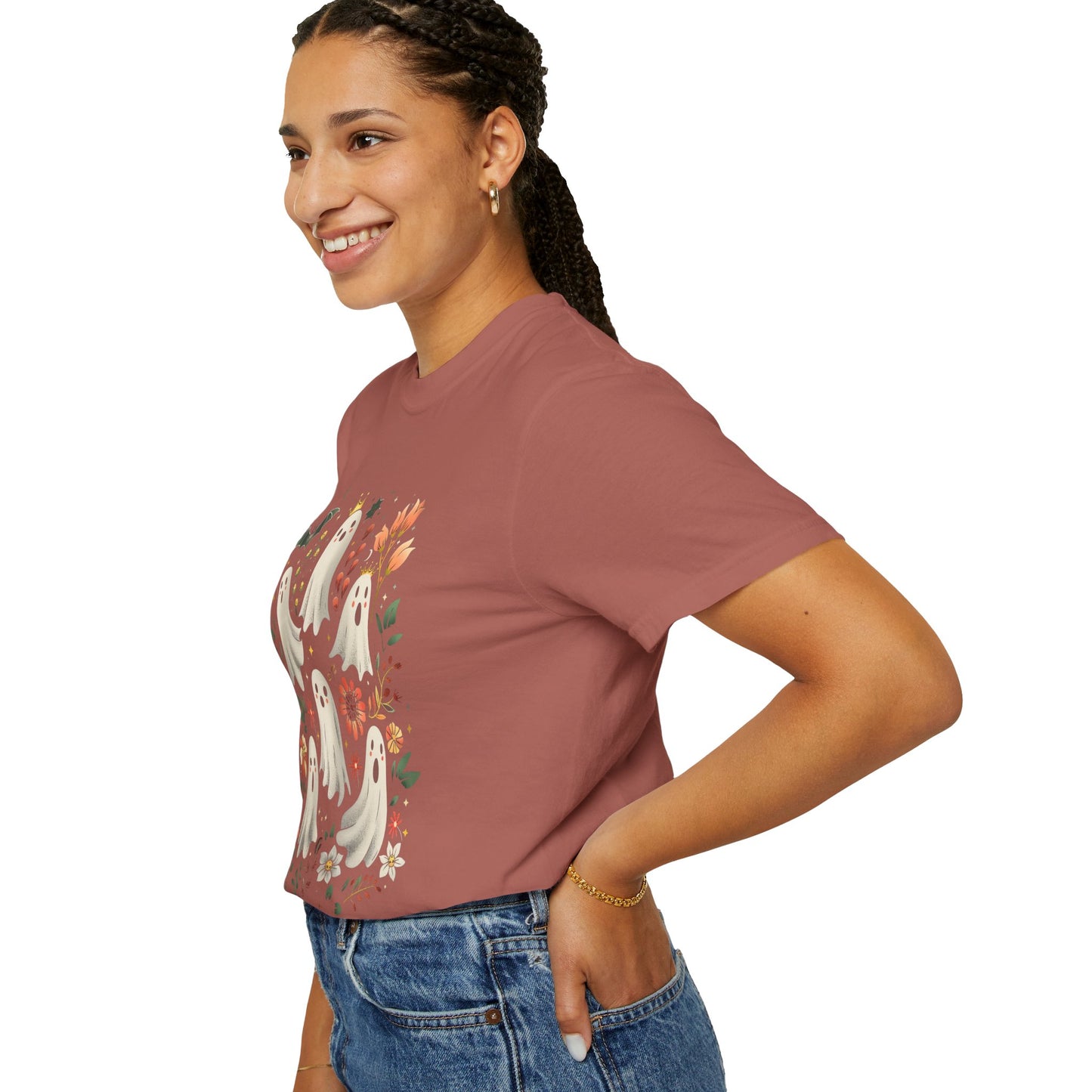 Whimsical Ghost T-Shirt | Halloween Apparel, Unisex Tee, Cute Ghost Design, Floral Graphic Tee, Casual Wear, Spooky Season