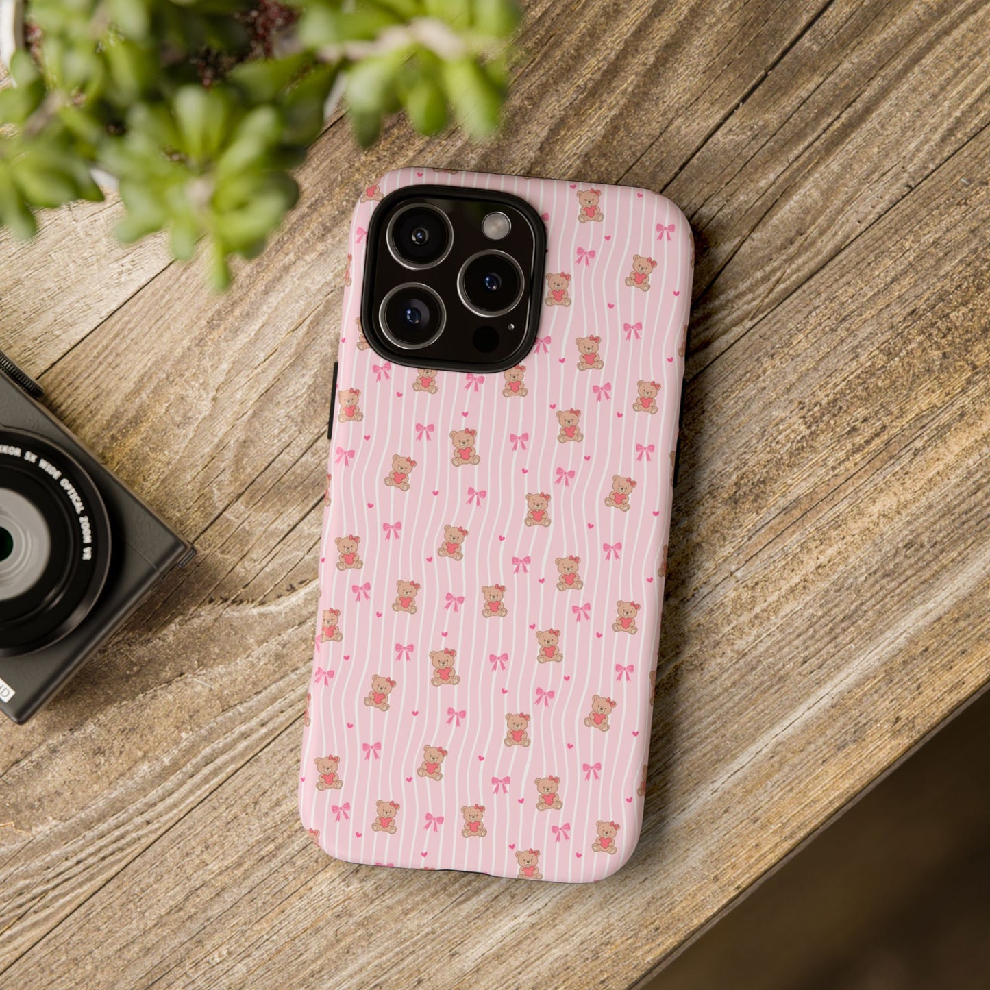 Cute Teddy Bear Pink Stripe Phone Case